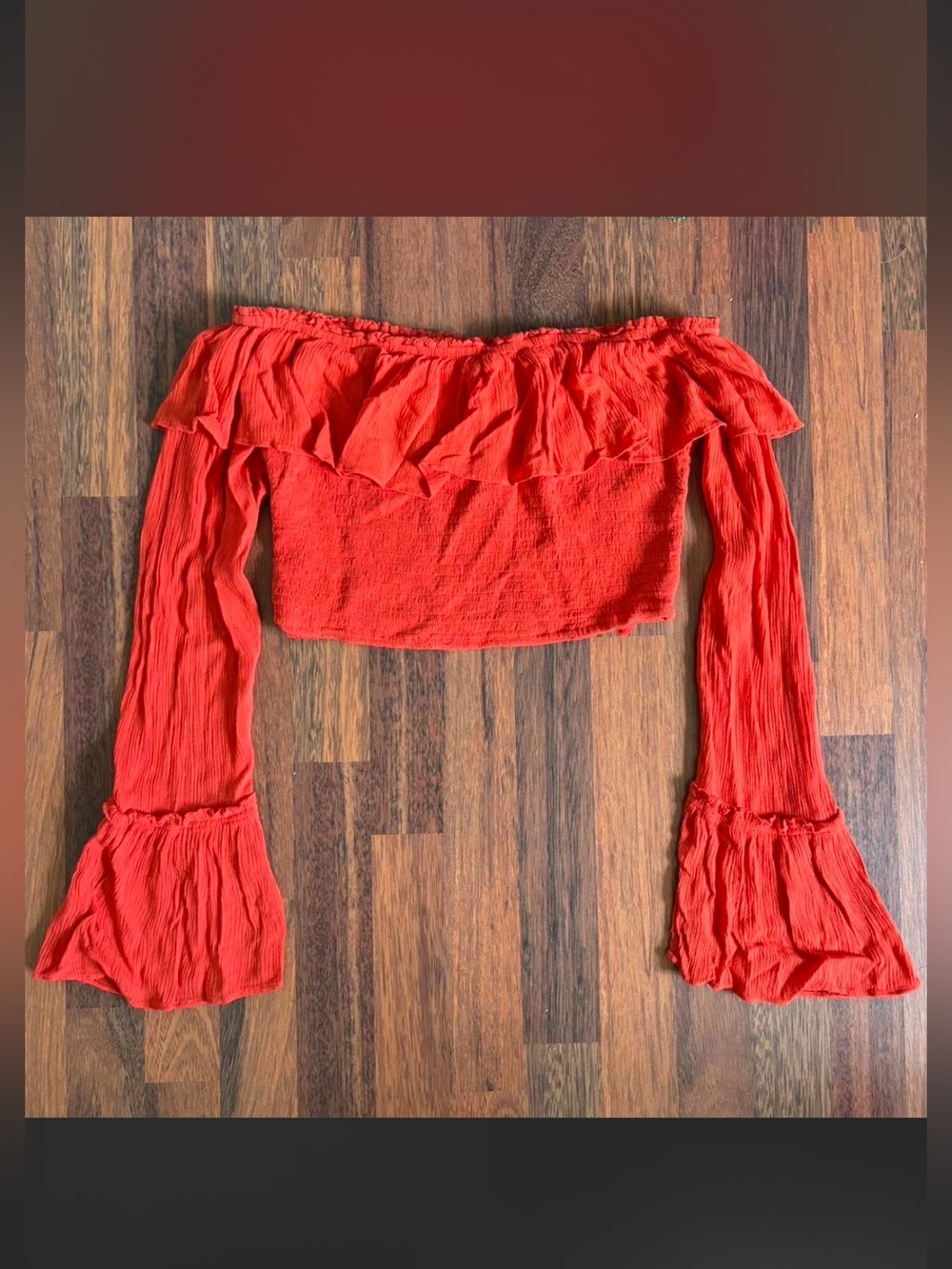 Kimchi Blue Red/ Coral Off the Shoulder Bell Sleeve Crop Top